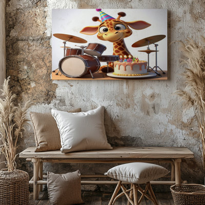 Cute Giraffe Cartoon Playing Drums With Birthday Cake And Party Hat Canvas Wall Art Print For Living Room, Bedroom, Office, Hallway, Entryway, Gallery Wall And Modern Home Decor