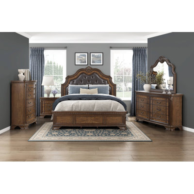 Lit de style formel et élégant avec tête de lit tapissier brun foncé et mobilier de chambre à coucher traditionnel en bois sculpté complexe 1pc