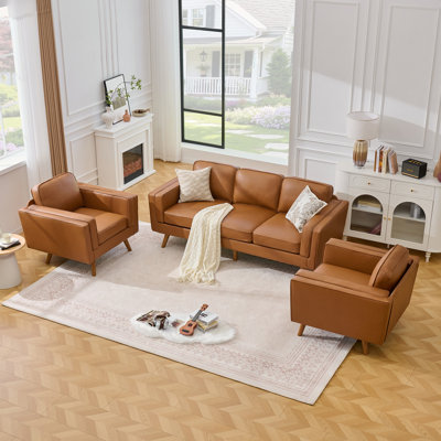 Mid-Century Modern 3-Piece Living Room Sofa Set, Includes  3-Seater Couch & 2 Armchairs, Tapered Wood Legs