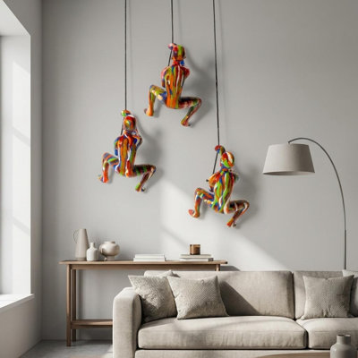 Set of Three Rainbow People Resin Climbing Man Hanging Dimensional Sculpture
