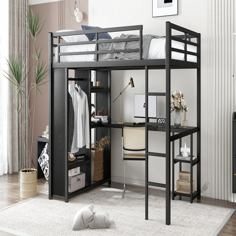Structure de lit mezzanine avec garde-robe intégrée, lit mezzanine en métal avec bureau et tablettes de rangement