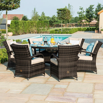 Coshocton 6 Seat Round Rattan Dining Set - with Ice Bucket & Lazy Susan - Brown