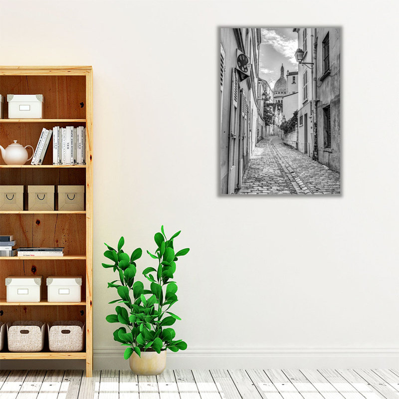 Rue pavée, Montmartre, Paris, noir et blanc - reproduction d'art sur toile, H 16 po x l 12 po