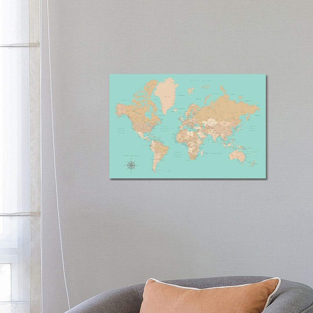 Vintage Style Teal And Brown World Map With Cities by Blursbyai - Gallery- Giclée on Canvas