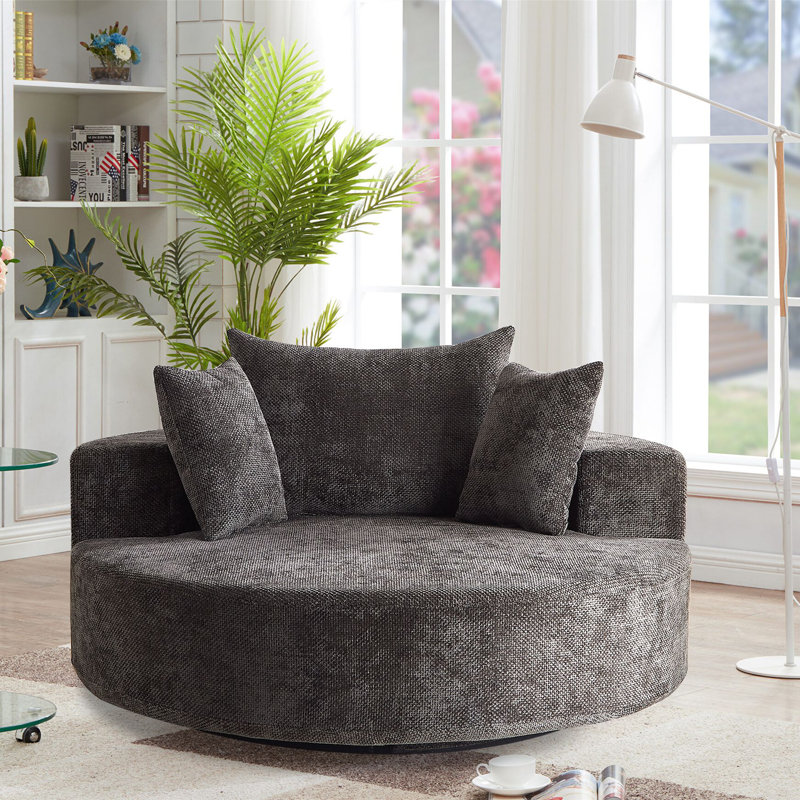 Chenille Swivel 55'' Chair and Fluffy Sleeper Sofa with 360° Rotation for Living Room and Lounge, Black