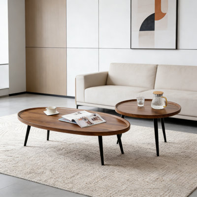 Round Nesting Coffee Table Set of 2, End Table with Wooden Top & Steel Legs, Modern Side Tables for Living Room, Bedroom, Balcony, Small Space