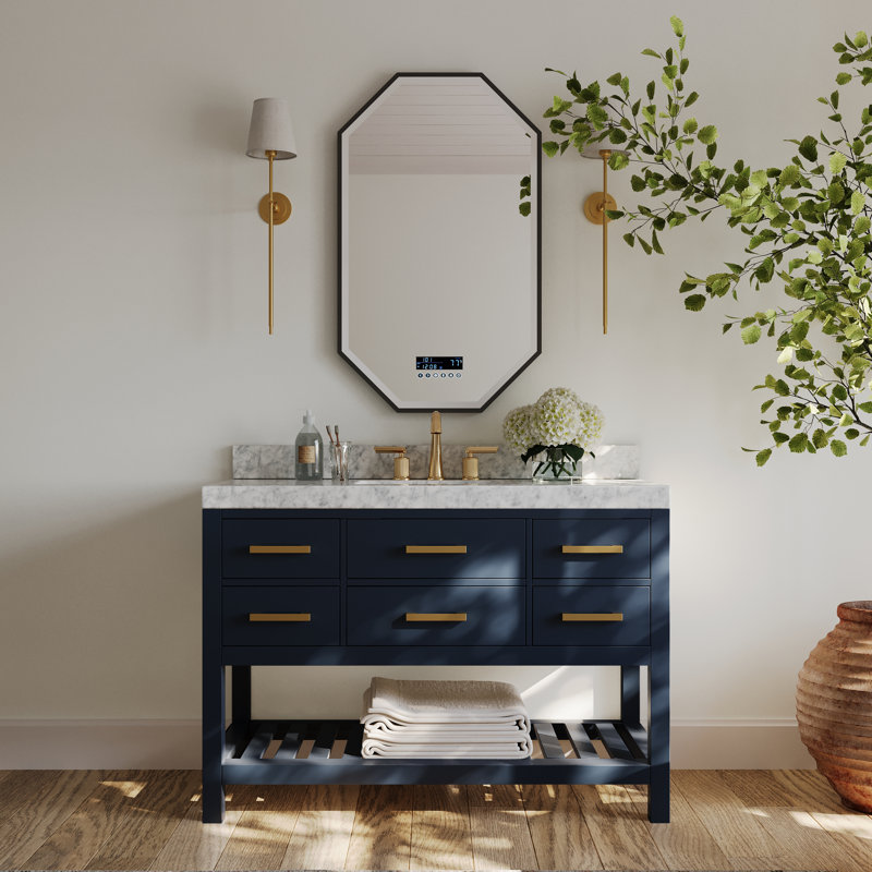 Ensemble de meuble-lavabo simple 48 po Carrie, Bleu héritage / or brossé, Marbre blanc de Carrare