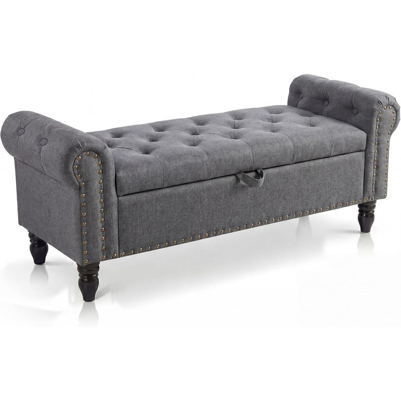 51" Upholstered Storage Bench with Button Tufting & Rolled Arms, Safety Hinge, Linen Ottoman for End of Bed, Entryway, Living Room, Closet