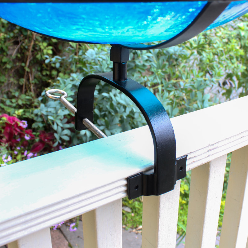 Bain d'oiseaux en verre craquelé avec support sur rail, H 8,5 po x l 15,25 po x P 14 po, Sarcelle
