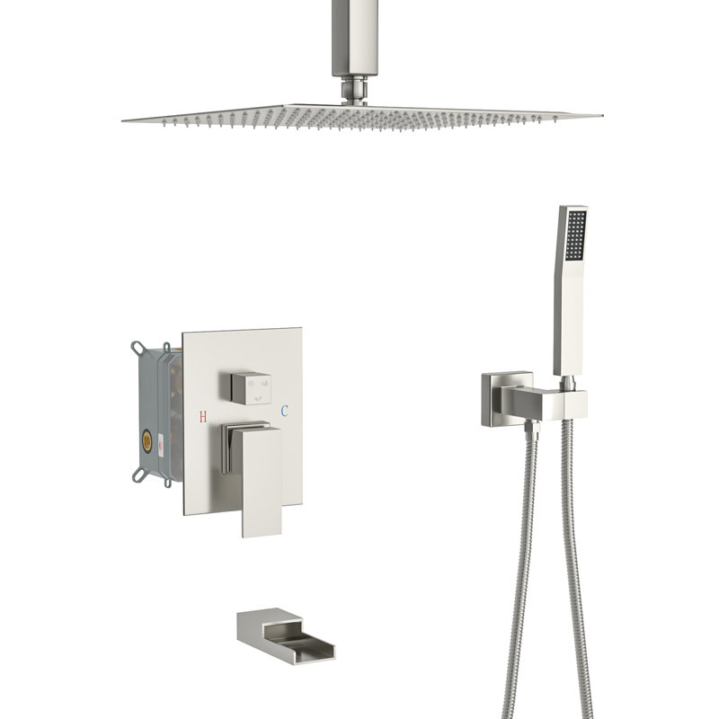 Système de douche carré à fixation au plafond 12 pouces avec valve brute Topcraft, Nickel brossé
