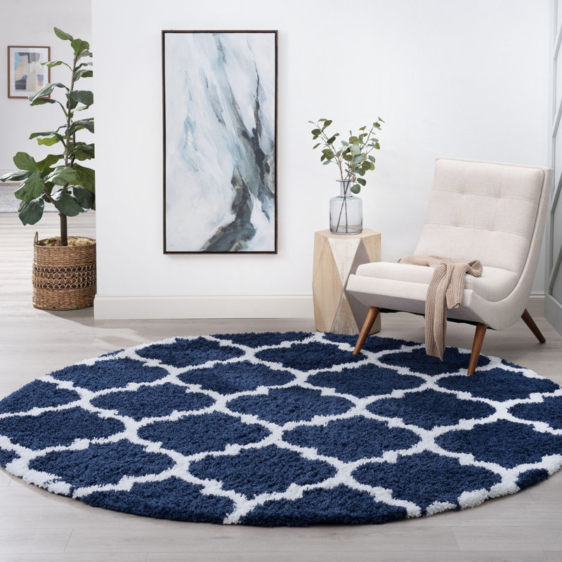 Tapis bleu marine / blanc à poils longs Jasmyn, Rond 7 pi 10 po
