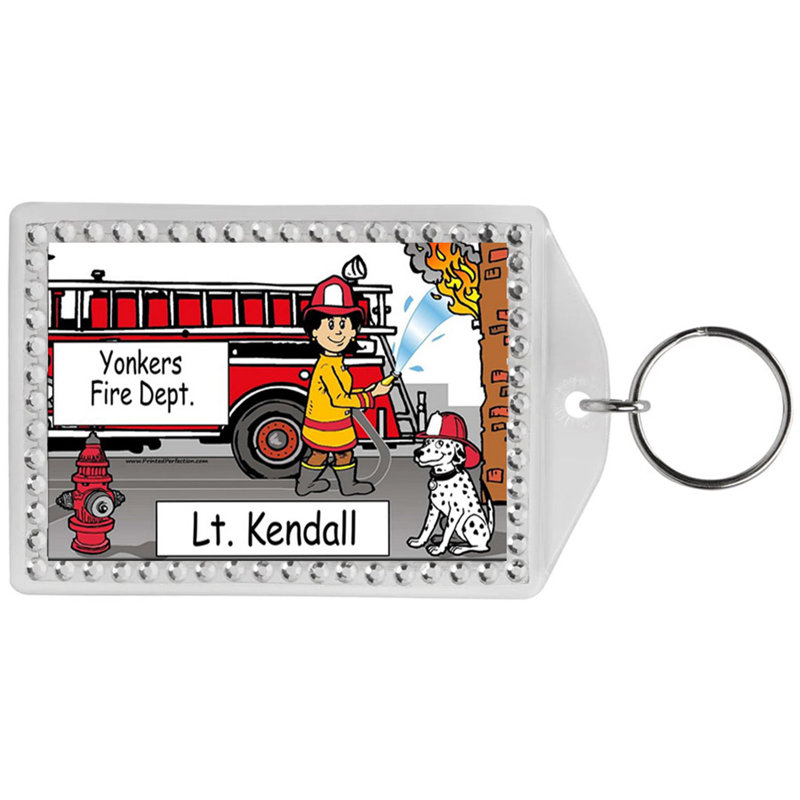 Personalized Name That Toon Fire Fighter Female Rhinestone Bordered Key Chain, Yes