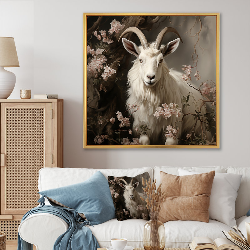 Alpine Alpine goat floral portrait II - Chèvre, art mural, Cadre flottant doré, H 30 po x l 30 po x P 1,5 po