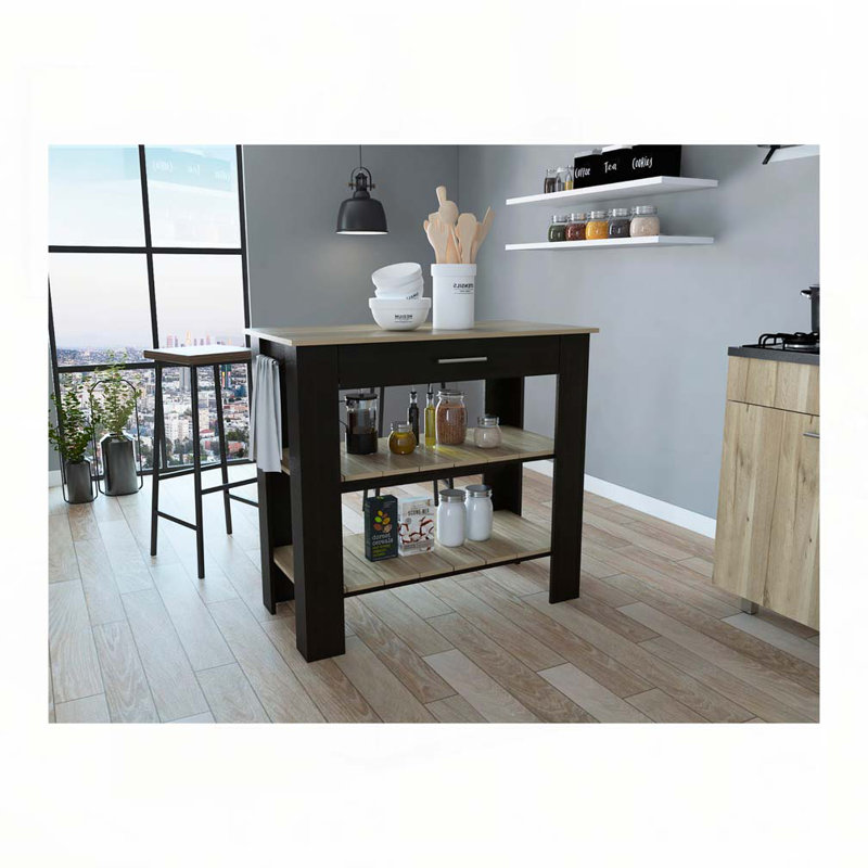Rockaway 1-Drawer 2-Shelf Kitchen Island Black Wengue and Light Oak