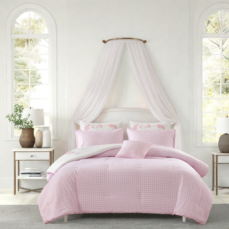 Ensemble de literie rose pour lit queen-size, couette en microfibre avec détails de nœuds floraux