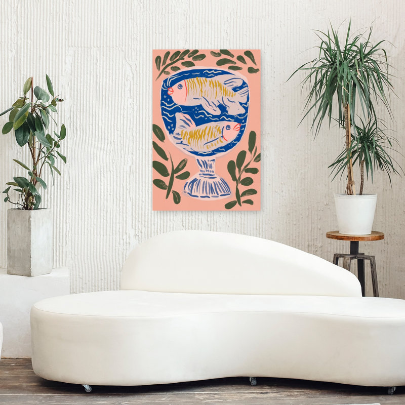 Deux poissons dans un bol, art contemporain abstrait, plante naturelle, 36" H x 24" W