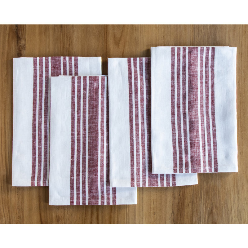 Farmhouse - 100% Pure Linen Dinner Napkins, Burgundy and White
