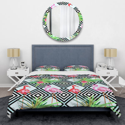 Pink Flamingos Pattern - Abstract Duvet Cover Set - Microfiber Polyester