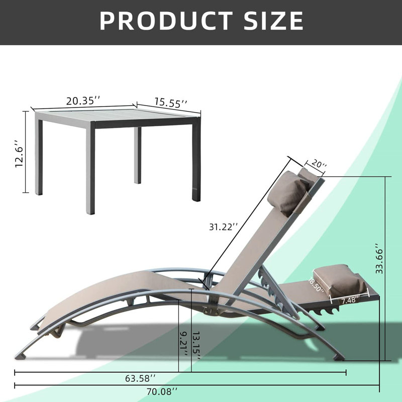 Chaise longue de piscine pour 3 personnes - aluminium antirouille avec tissu confortable et table d'appoint en métal pour chaise longue d'extérieur réglable à 3 chaises longues