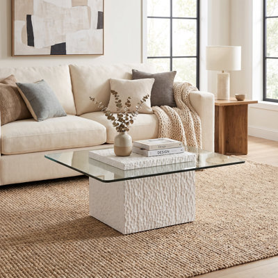 Modern White Tempered Glass Square Coffee Table with 3D Carved Base - 37.4"