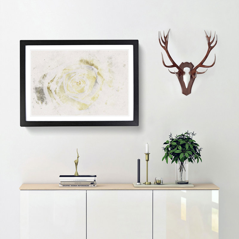 Crisp White Rose - Single Picture Frame Painting on MDF, 45cm H x 63cm W x 2cm D, Black Framed