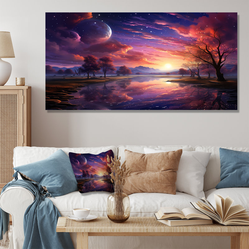 «Pink Moon Sunrise Space Landscape I», art mural abstrait, Toile tendue, H 28 po x l 60 po x P 1,5 po
