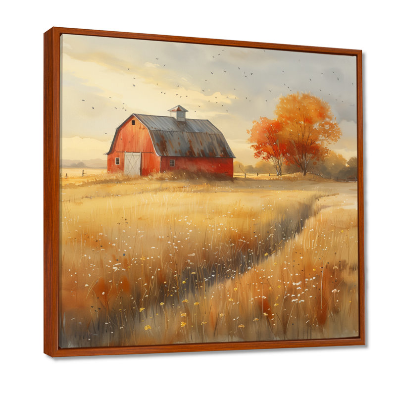 Jaune jaune brun, campagne d'automne, grange I - art mural de grange, Toile avec cadre flottant brun