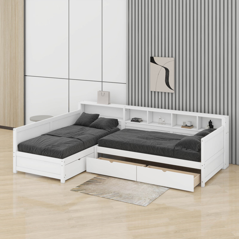 Twin Size Daybed Frame With 3 Large Storage Drawers And Bookshelf, Day Bed For 2, Wooden Corner Bed Frame, White