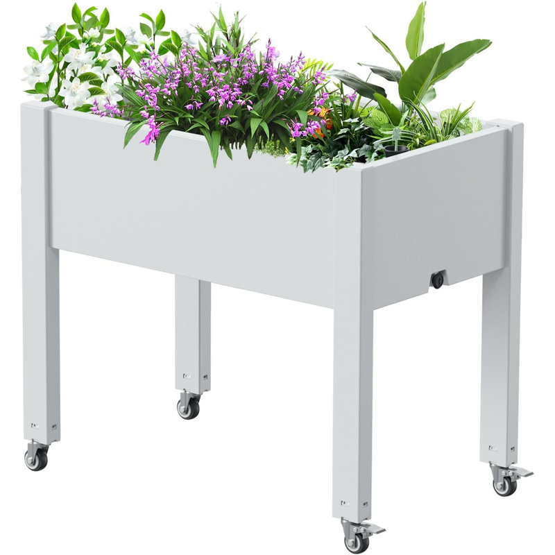 Support à plante moderne en gris et brun clair - jardinière surélevée avec roues pour une utilisation intérieure / extérieure