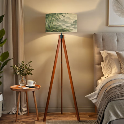  Tripod Standing Lamp Misty Bamboo Forest River Landscape Mountain Peaks Traditional Chinese Remote Controlled Dimmable LED Floor Lamp with Beech Wood Legs & Detachable Linen Shade for Farmhouse Apartment Living Room and Bedroom