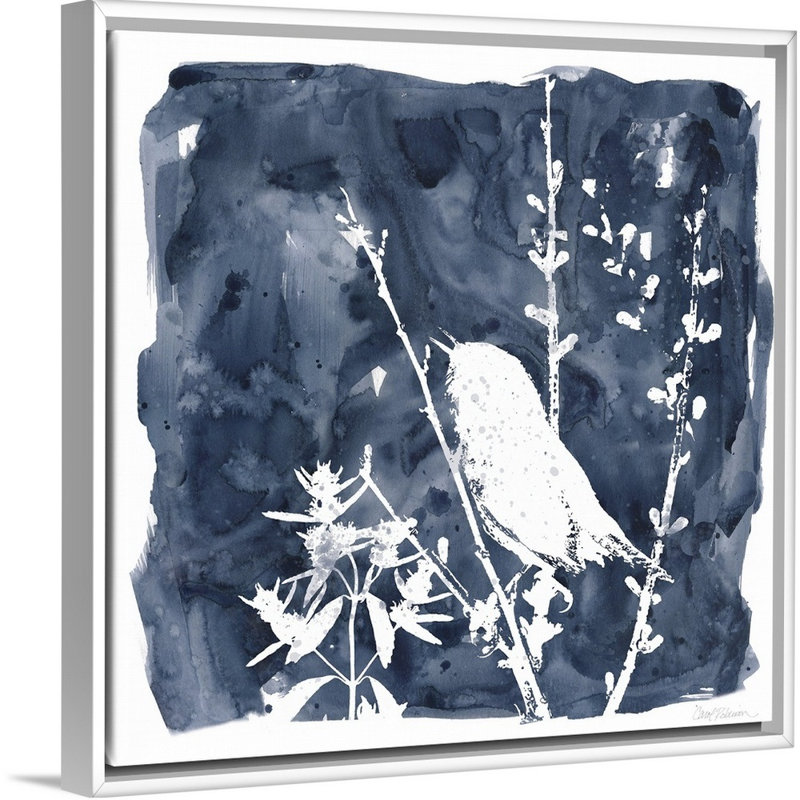 Indigo Bird II - reproduction d'art sur toile, Cadre flottant blanc, H 13,7 po x l 13,7 po x P 1,75 po