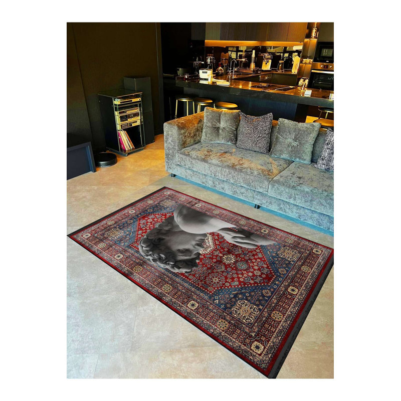 Tapis rouge et rouge à motif sculpté et motif traditionnel lavable à la machine