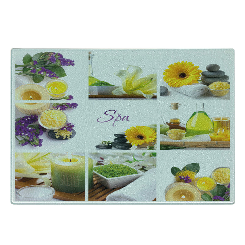 Planche à découper en verre trempé Ambesonne Spa Happy Day avec fleurs jaune, mauve et blanc