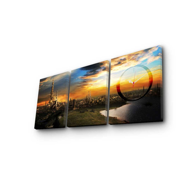 Ensemble de 3 horloges murales élégantes en toile décorative, toile suède, taille totale: 35,4 x 15,0 pouces | 100% cadre en bois, épaisseur: 1,2 po | Parfait pour la décoration intérieure, l'esthétique moderne et l'heure unique
