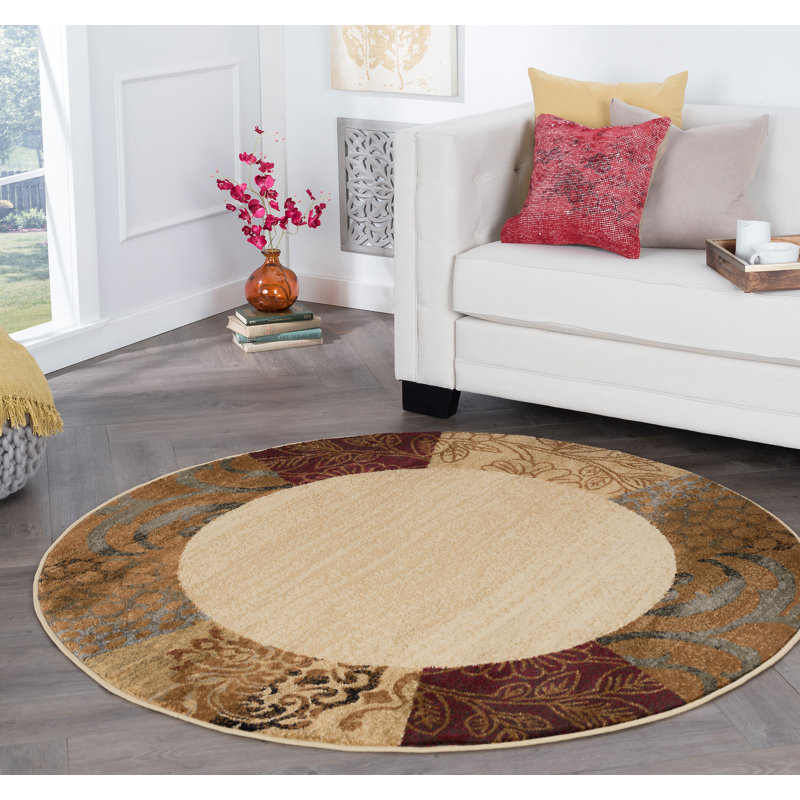 Abercorn Floral Border Beige Indoor Area Rug for Living Room, Dining Room, Bedroom, Round 7'10"