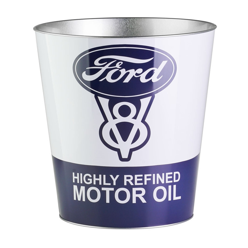 Blue and White Ford V8 Metal Trash Bin