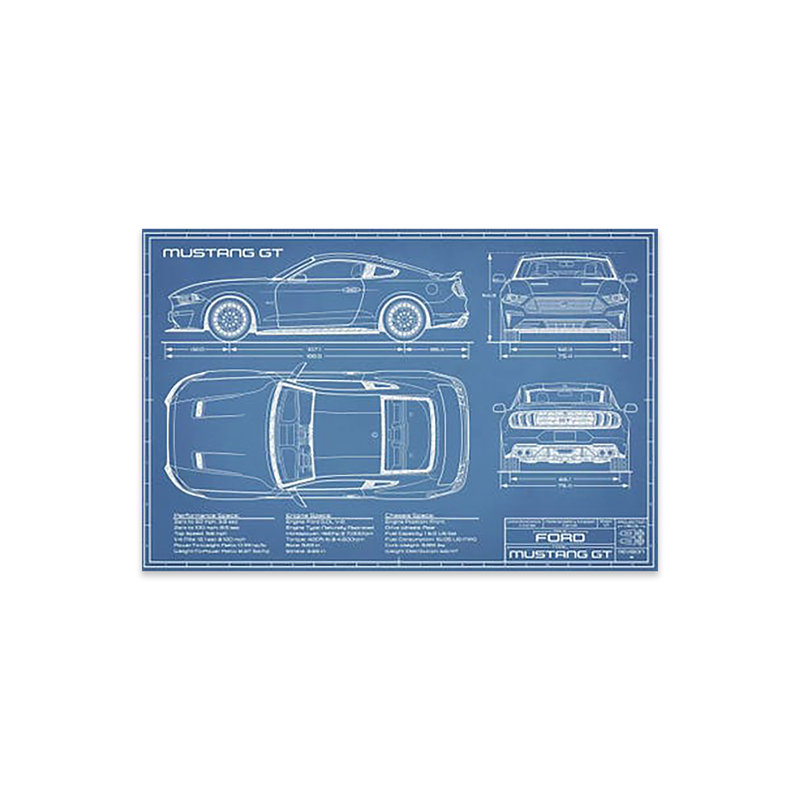 Mustang GT (2018-2020), impression de plan sur verre acrylique, Bleu / blanc, H 16 po x l 24 po x P 0,25 po