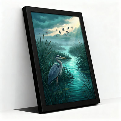 Great Blue Heron in Teal Marsh With Flying Birds Canvas Wall Art