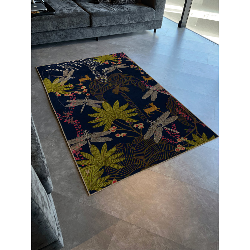 Tapis décoratif moderne à motif floral et cerf multicolore bleu marine, Rectangle 3 pi 3 po x 6 pi 7 po