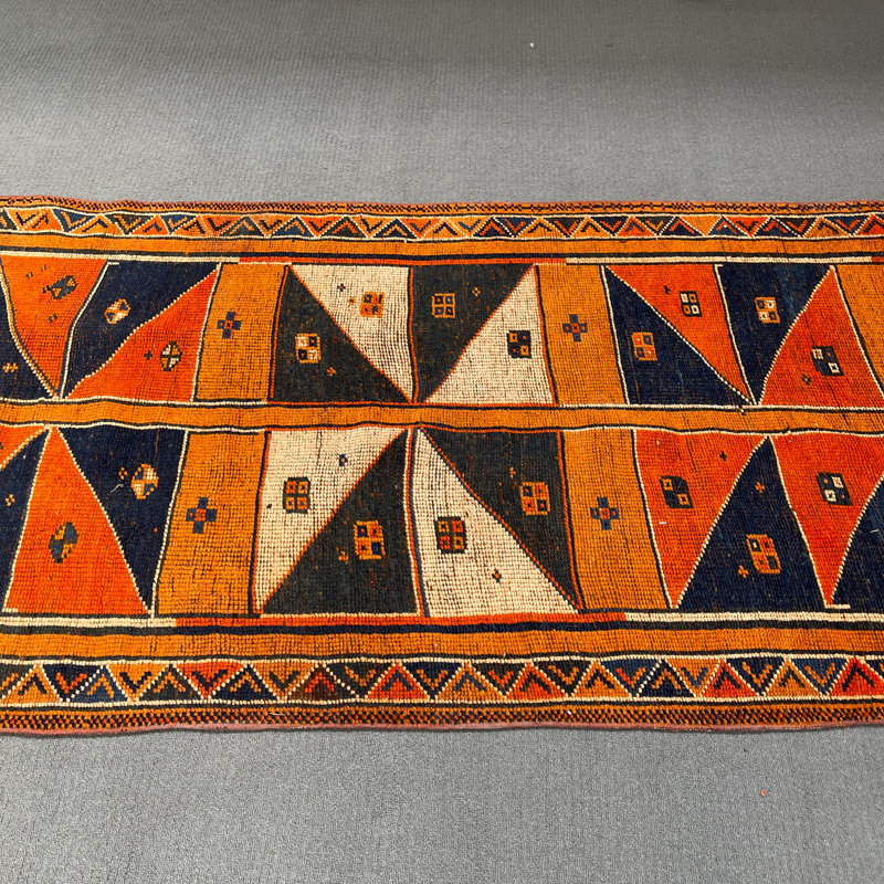 Traditional Wool Runner Rug, 1.3 x 3.8 Ft Orange Patchwork