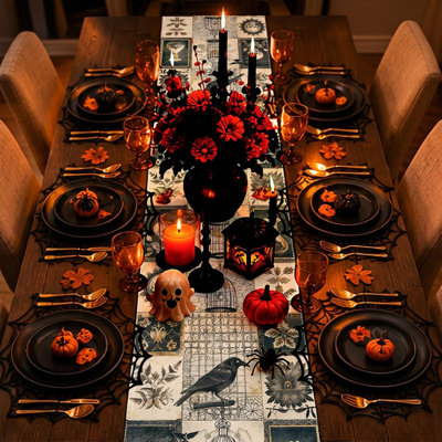 Chemin de table d'Halloween, nappe rétro vintage à motif de crâne gothique pour la fête des morts, décorations d'Halloween pour la maison, dimensions : 33 x 274 cm (13 x 108 pouces), en polyester.