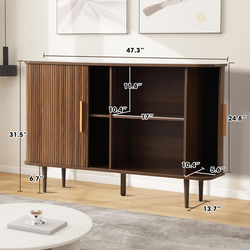 47" Sideboard Buffer Cabinet with Fluted Slide Doors, Tambour Storage Cabinet with Adjustable Shelves, Brown