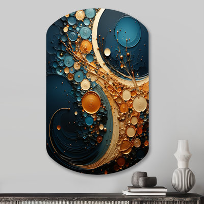 Gold Teal Abstract Spirals II - Abstract Spirals, décoration murale asymétrique en métal, cylindre doré