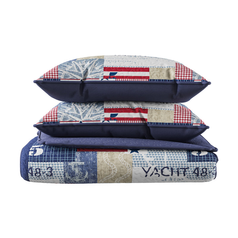 King Blue Microfiber Reversible Nautical Americana Quilt Set