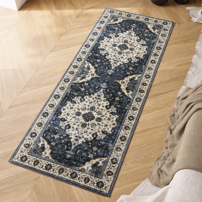 Tapis d'intérieur lavable à la machine à motif oriental rétro bleu marine / beige / or pour le salon, la chambre à coucher et le couloir