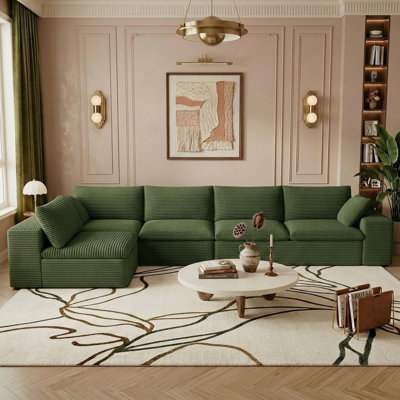 135.4"Cloud Couch Modular Sectional Sofa for Living Room,L-Shape Boneless Couch with Deep Seat,Modern Corduroy 4-Seater Sofa Couch,No Assembly Required,green