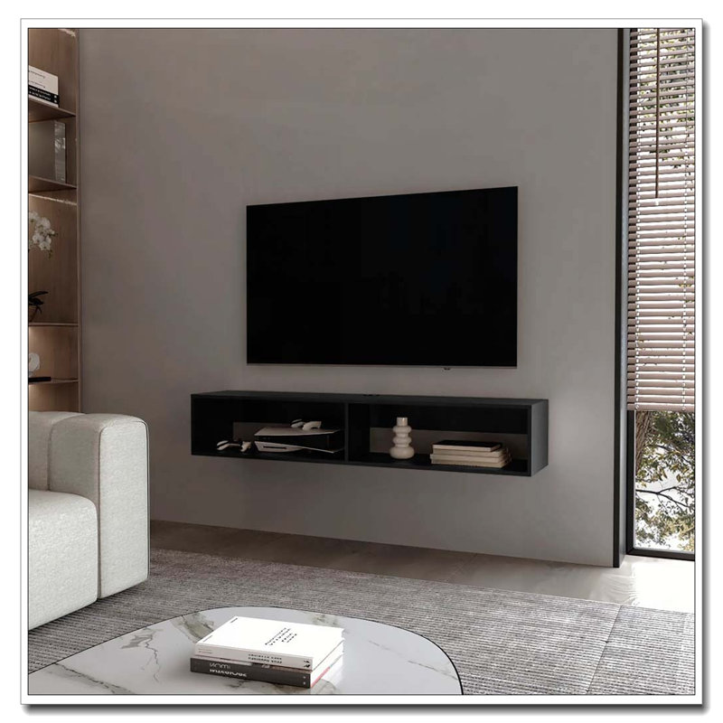 Black 2-Shelf Central Floating Media Rack, Black