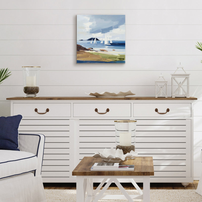 Art mural sur toile 12 x 12 avec voiliers blancs, océan bleu, sable beige et ciel nuageux, 12 po x 12 po