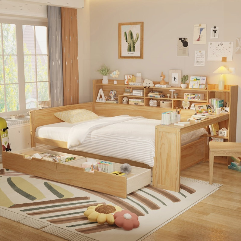 Full Size Wooden Daybed with Storage - No Box Spring Needed, Sturdy and Versatile, Natural, Full