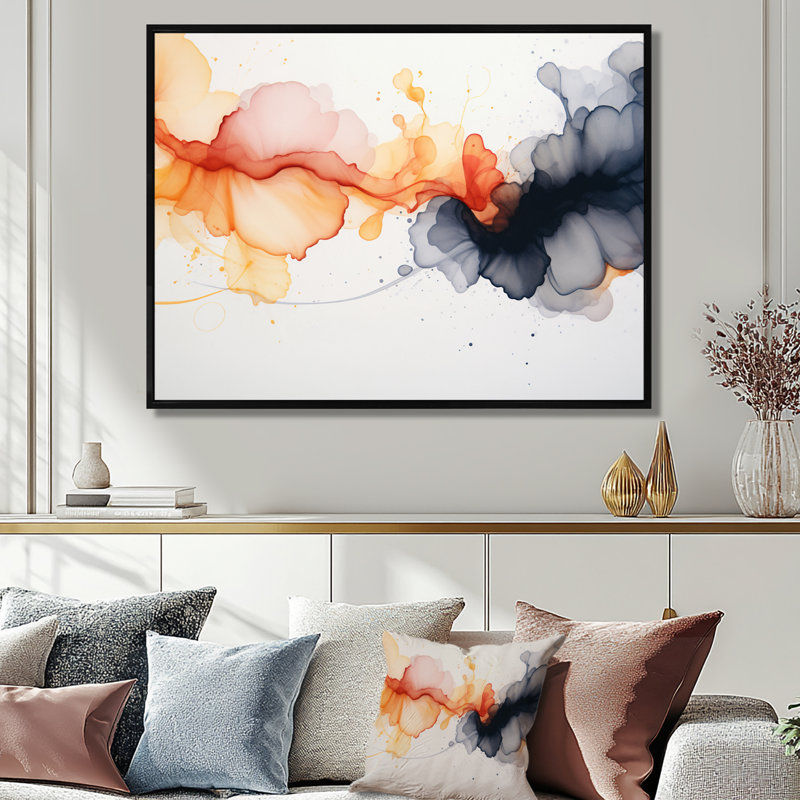 «Ephemeral Red Touching Darkness», art mural abstrait encre liquide, Cadre flottant noir, H 12 po x l 20 po x P 1 po